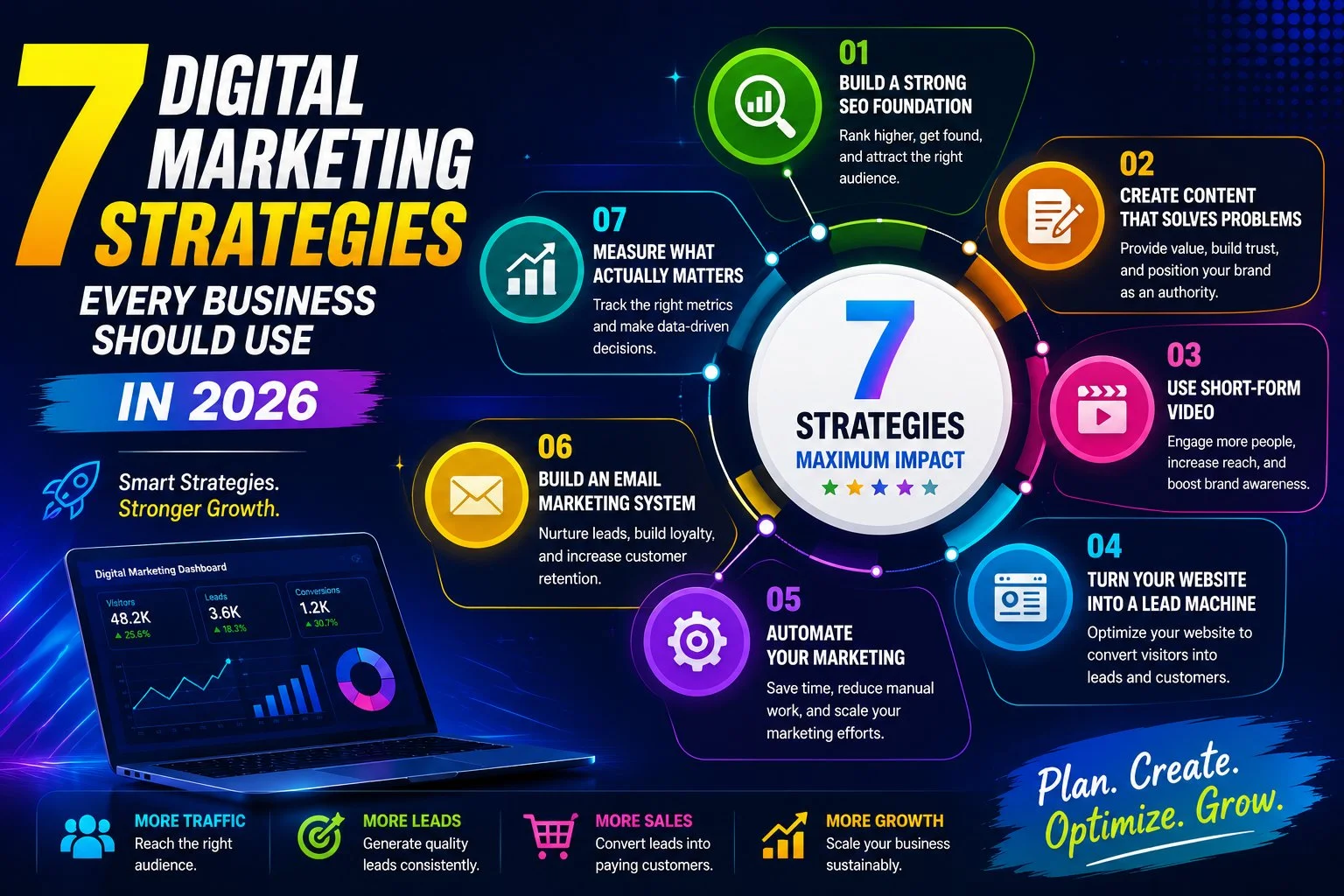Infographic showing 7 digital marketing strategies for 2026 — SEO, content, short-form video, website conversion, automation, email marketing, and measuring results — arranged in a circular diagram beside a sample marketing dashboard